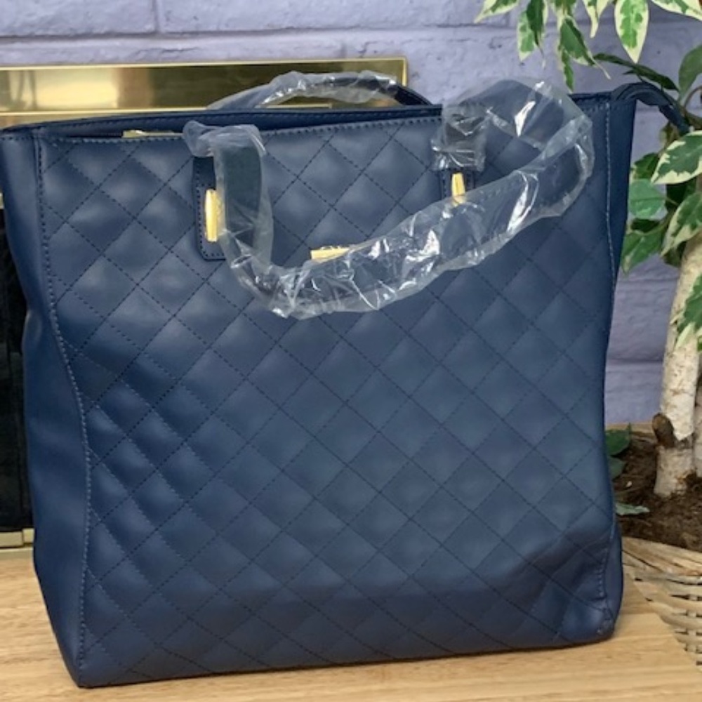 Joy & Iman Navy Diamond Quited Leather Tote Bag